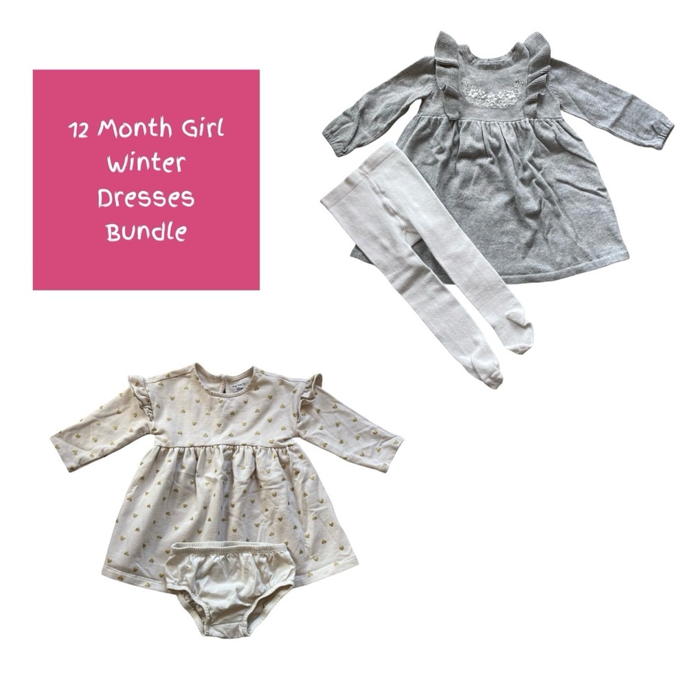 4 Piece Carter's Winter Dress Bundle - Ivory & Grey (Baby Girl, Size 12 Months)